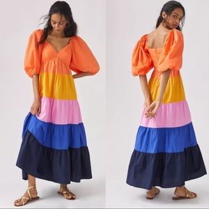 NWT FARM Rio Anthropologie Colorblock Puff Sleeve Maxi Dress